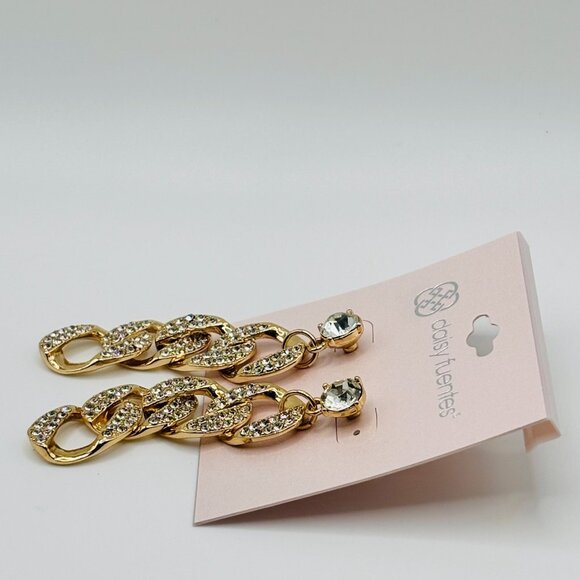 Daisy Fuentes Gold Rhinestone Chain Link Dangle Earrings NWT Glam Statement - Picture 5 of 6